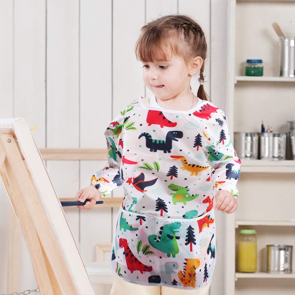 BAHABY Kids Art Smocks 2 Pack Dinosaur Painting Apron for Children Waterproof Artist Smock with Long Sleeve and 3 Pockets for Age 3-8 Years