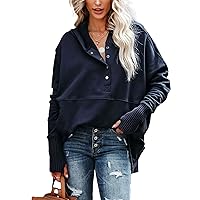 PEHMEA Women Casual V Neck Hoodie Pullover Oversize Henley Sweatshirt with Pocket