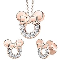 Minnie Mouse Bow Pendant Necklace Earrings Set Gemstone 14k Rose Gold Over .925 Sterling Silver Over for Womes Girls