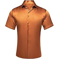 Hi-Tie Mens Satin Silk Shirts Burnt Orange Short Sleeve Casual Button Down Dress Regular Fit Shirt Hawaiian Vacation Party(Medium)