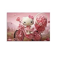 Anime Poster Cute Hello-kitty Poster Girl Room Holiday Birthday Gift Wall Art Pink Cute-Cat Riding Bicycle Pulling Balloon Canvas Art Poster And Wall Art Picture Print Modern Family Bedroom Decor Post
