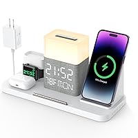 BezosMax 009 Inductive Charging Station 20 W Wireless Charger 6 in 1 Fast Wireless Charger, Bluetooth Time Synch, Touch Sleeping, Temperature, for iPhone 15/14/13/12/11 All Series & AirPods & iWatch