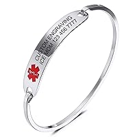 Alert Cuff Bangles Bracelet For Women Customized Engraving Stainless Steel Personalized Name ID Identification Allergy Emergency - (Bundle with Emergency Card, Sleeve)