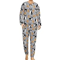 Boston Terrier Dog Pizza Soft Mens Pajamas Set Round Neck Pullover Long Sleeve Loungewear with Pockets 2 Piece Pjs Set
