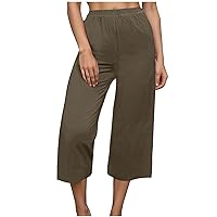 Cotton Linen Capri Pants for Women Summer Loose High Waisted Pants Casual Lightweight Wide Leg Trousers with Pockets