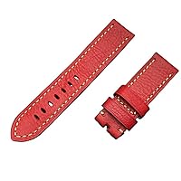 22mm 24mm 26mm top qualty Thick Vintage Genuine Real Cow Leather Watchband Handmade Men for Panerai Strap Man Buckle (Color : Red Strap, Size : 22mm Silver Buckle)