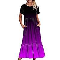 Lightning Deals of Today Prime Women Crewneck Maxi Dress Trendy Summer Short Sleeve Long Dresses Casual Tiered Ruffle Mid Calf Dress Sundress Denim Dress Purple