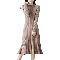 100% Merino Wool Autumn Women's Knee-Length Dress Round Neck Pleated Solid Color Dress