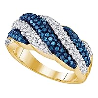 TheDiamondDeal 10kt Yellow Gold Womens Round Blue Color Enhanced Diamond Striped Band Ring 7/8 Cttw