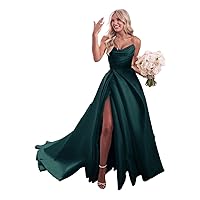 Women’s Strapless Satin Prom Dresses Long Wedding Dress A-Line Formal Evening Party Gowns with Slit