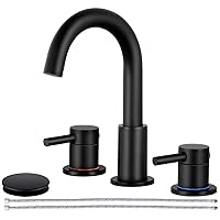 Qomolangma Black Bathroom Faucets for Sink 3 Hole, 8 inch Widespread Bathroom Faucet, 2-Handle Bathroom Sink Faucet, 360° Swivel Spout Lavatory Sink Faucet with Water Supply Lines & Pop Up Drain