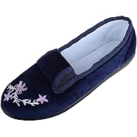 Womens Slip On Velour Style Twin Gusset Winter Slipper with Floral Design