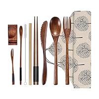 Wooden Utensil Flatware Set Reusable Utensils Travel Cutlery Set for Eating with Case, 10 Pcs Wooden Spoon and Fork Set Bamboo Flatware Set with Wooden Knife, Fork, Spoon, Chopsticks, Straws and Brush