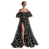 Women's Sparkly Starry Tulle Prom Dresses Puffy Sleeves Backless Glitter Star Evening Party Gowns