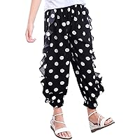 FEESHOW Little Girls Hipster Elastic Waistband Floral Printed Harem Pants Kids Loose Fit Ruffle Hem Trousers