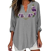 Womens Oversized T Shirts 3/4 Length Sleeve V Neck Tops Casual Floral Printed Curved Hem Tee Shirts