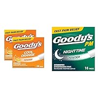 Goody's Extra Strength Cool Orange Headache Powder, 24 Packs (2 Pack) & PM Nighttime Powder for Pain with Sleeplessness, 16 Packs Bundle