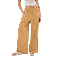 Women Cotton Linen Boho Pants Summer Casual Dance Wide Leg Pants Elastic Drawstring Loose Beach Pants with Pockets