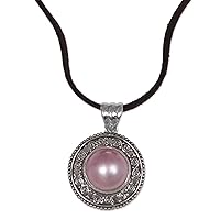 NOVICA Handmade .925 Sterling Silver Mabe Cultured Freshwater Pearl Pendant Necklace Pink from Indonesia Leather Birthstone 'Pink Orb'