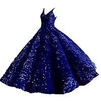 Straps Sequined Evening Dresses Puffy V Neck Prom Quinceanera Gown