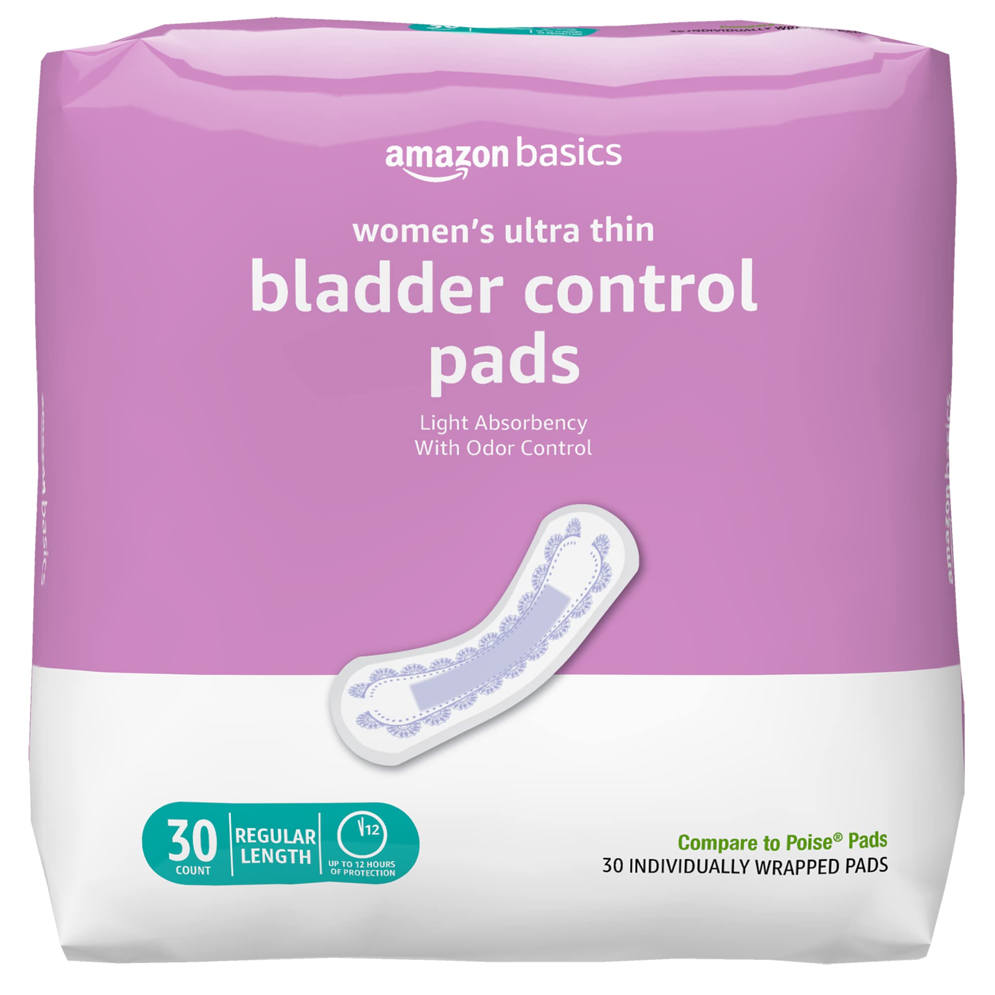 Amazon Basics Ultra Thin Incontinence, Bladder Control & Postpartum Pads for Women, Regular Length, Light Absorbency, Unscented, 30 count, 1 Pack (Previously Solimo)