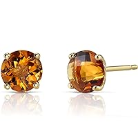Peora 14K Yellow Gold Genuine Citrine Stud Earrings for Women, 1.50 Carats Round Shape, Friction Back