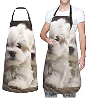 Waterproof Apron for Men Women Cute Maltese Puppy Floral Aprons with Pocket Kitchen Chef Aprons Bibs For Cooking Baking