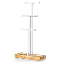 Love-KANKEI Jewelry Tree Stand White Metal and Wood Base Adjustable Height with Large Storage Jewelry Organizer for Necklaces Bracelets Earring Gift White and Natural