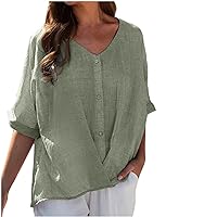 Women's 2024 Cotton Linen Blouses Short Sleeve Henley Shirts Button Down V Neck Casual Work Tops Solid Dressy Blouse