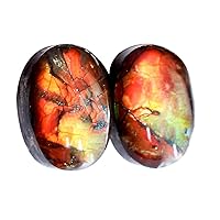 Ammolite Pair Cabochon, Natural Gemstone, Red Fire Ammolite, Oval Shape, Size 14x10x5 MM Stone for Earring, Canadian Ammolite