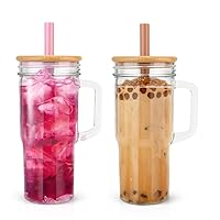 24oz Wide Mouth Mason Jar Drinking Glasses Tumbler with Handle and Bamboo Lids,Reusable Smoothie Cup for Iced Coffee,Water,Juice - 2 Pack