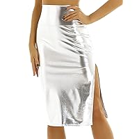 ACSUSS Womens Adult Shiny Leather Metallic Solid High Waist Side Split Mini Bodycon Skirt