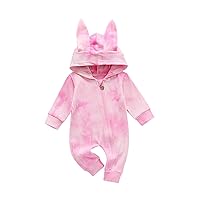 Infant Spring And Summer Boy And Girl Long Sleeve Tie Dye Printed Bunny Romper With Zipper Easter Baby