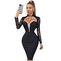 Unique Women Sexy Long Sleeve Lace Formal Black Bandage Bodycon Sexy Party Wedding Guest Mermaid Prom Dress