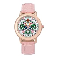 Polish Floral Folk Art Womens Watch Round Printed Dial Pink Leather Band Fashion Wrist Watches