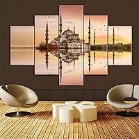 Islamic Paintings Mosque Pictures 5 Pcs/Multi Panel Wall Art Istanbul Religion Canvas Muslim Cultural Home Decor for Living Room,Artwork Giclee Wooden Framed Stretched Ready to Hang(60''Wx40''H)