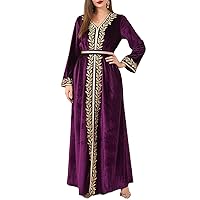 Winter Fleece Dresses for Women Embroidery Long Sleeve Split Dress Belted Kaftan Hem Abayas Muslim Dubai Gowns