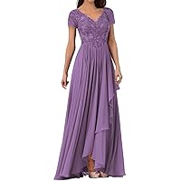 Bohemian Mother of The Bride Dresses Formal Dusty Purple Beach Lace Applique Chiffon Modern Elegant Classy Mother of Groom Dresses for Wedding Floor Length Evening Gown with Sleeves