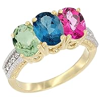 14K Yellow Gold Natural Green Amethyst, London Blue Topaz & Pink Topaz Ring 3-Stone 7x5 mm Oval Diamond Accent, Sizes 5-10