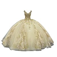 Gold Embellishment Lace V Neck Ball Gown Prom Quinceanera Dresses Tulle 2024 Sequin Sweet 15 16 Party