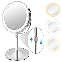9’’ 【Plus Size】 Rechargeable Lighted Makeup Mirror 1X/10X Double Sided Adjustable Vanity Mirror with Lights 3 Color Light Magnifying Mirror with Detachable Base