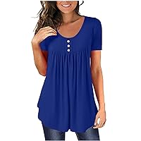 Womens Tunic Tops Round Neck Button Henley Shirts Cute Summer Top Loose Fit Hide Belly Blouses Dressy Casual Tunics