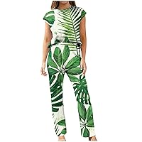 2 Piece Outfits for Women's Summer 2024 Floral Print Set Cap Sleeve Crew Neck Tops Long Pants Sets Casual Loungewear