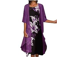 Dresses for Women 2024 Sleeveless Printed Tank Top Dress Cardigan Set Holiday Dress