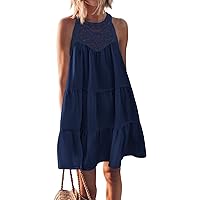 BTFBM Women's Summer Hollow Out Halter Dresses Casual Sleeveless A-Line Tiered Swing Sundress Beach Vacation Mini Dress