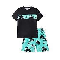 SOLY HUX Boy's Hawaiian Outfits Tropical Print Short Sleeve Tee Top Swim Trunks 2 Piece Sets