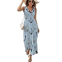 Sea Anchors Pattern Women's Dress V Neck Sleeveless Dress Summer Casual Sundress Loose Maxi Dresses for Beach
