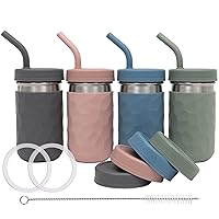 2-in-1 Drinking Cups for Kids, Durable Stainless Steel Tumbler for Smoothies, Silicone Straws with Stoppers, Premium Plastic Twist Lids, Easy-Grip Sleeves, Set of 4 Dishwasher Safe Kid Cups
