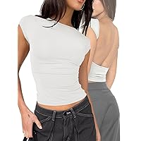 Womens Sexy Backless Crop Top Low Open Back Short Sleeve Slim Fit Summer Y2k Going Out T-Shirts 2024
