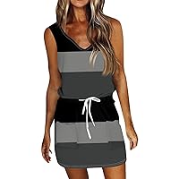 Womens Sleeveless Dress Sundresses for Women 2024 Striped Print Casual Fashion Slim Fit with Waistband Short Sleeve V Neck Summer Dress Gray XX-Large